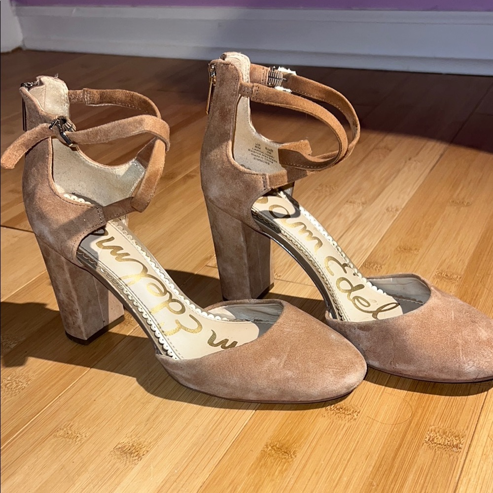 Sam Edelman Tan Block Heel Pumps with Ankle Straps